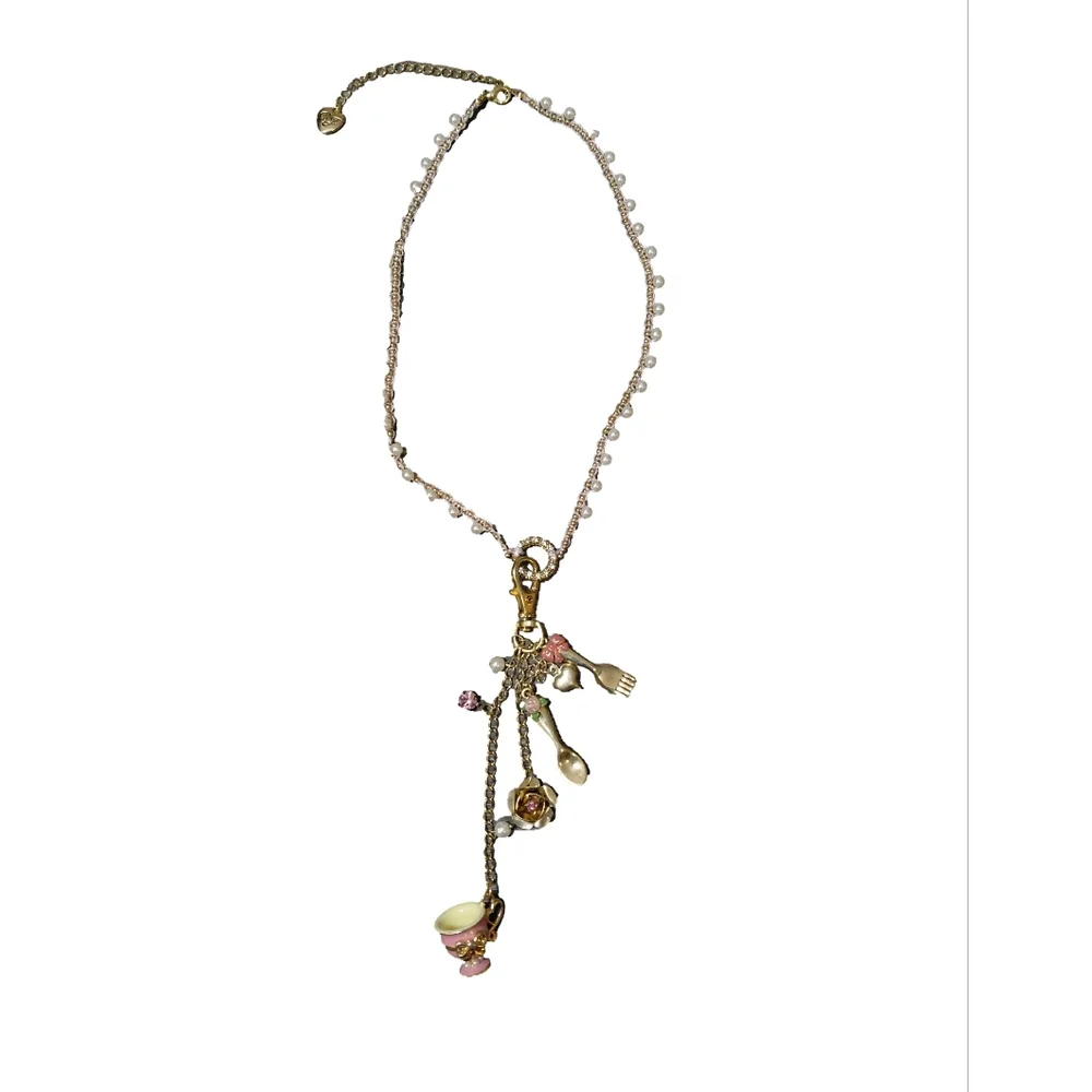 Sold Betsey Johnson Y2K Tea party Charm Necklace Tea Cup Form Spoon  Authentic - Picture 2 of 8